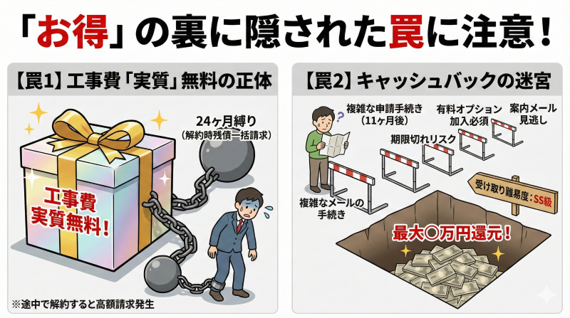 光回線の契約トラブルへの注意喚起。工事費実質無料の裏にある「24ヶ月縛り」の重りと、キャッシュバックを受け取るための複雑な申請手順という「障害物競走」を対比させたイラスト。