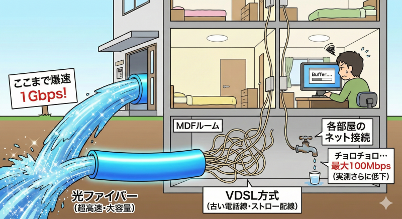 光配線方式とVDSL方式の比較図。建物まで届く1Gbpsの光ファイバーが、建物内の古い電話線（VDSL）によって細いストローのように速度制限され、チョロチョロとしか通信できない様子を描いたイラスト。