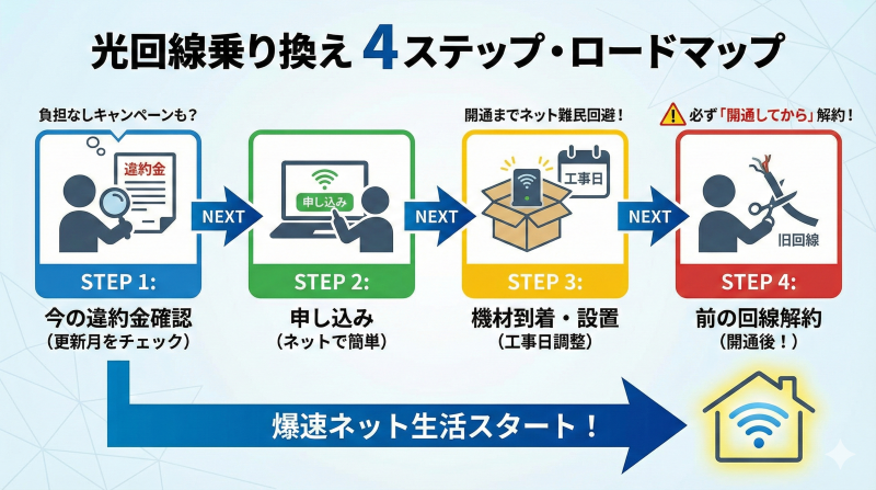 光回線乗り換えの4ステップ工程表。①違約金確認、②ネット申し込み、③機材設置、④開通後に旧回線解約、というスムーズな乗り換え手順をアイコンで示したロードマップ。