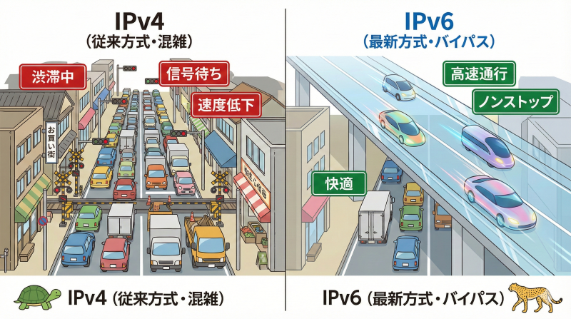 従来のIPv4（混雑した一般道）と最新のIPv6（快適な高速道路）を比較したイラスト。左側のIPv4は信号待ちや渋滞でカメのように遅い様子、右側のIPv6は専用のバイパスをチーターのようにノンストップで走行する様子が描かれています。