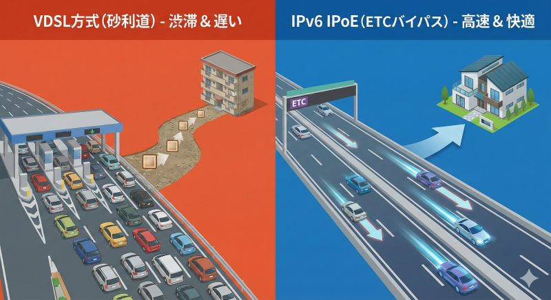 VDSL方式とIPv6 IPoE方式の速度差を高速道路に例えた比較図。混雑する料金所と砂利道のVDSLに対し、ETCと整備された道路のIPv6を対比。