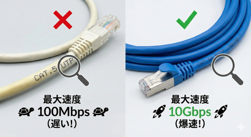 古いLANケーブル(CAT5)と最新のLANケーブル(CAT6A)の見た目と速度差。表面の印字と最大速度(100Mbps vs 10Gbps)を比較。