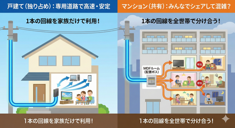 戸建ての専用回線と、マンションの共有回線の仕組みの違い。マンションではMDFルームから各部屋へ分配され、混雑が発生する様子。