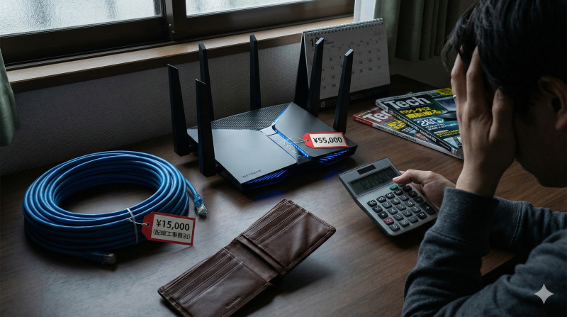最新のWi-Fi 7対応ルーターと太いCat6A LANケーブル、高額な値札が置かれたデスクの様子。10ギガ導入に必要な追加コストを象徴している。