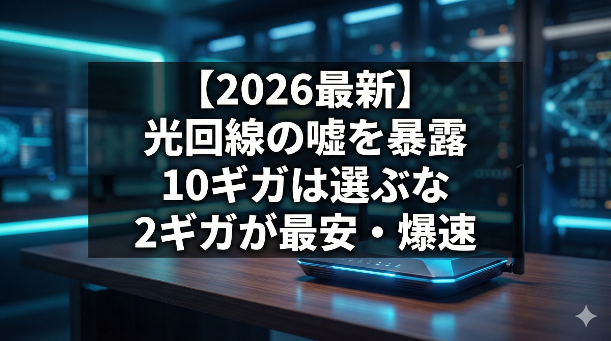 2026年最新の光回線の選び方を解説するアイキャッチ画像。背景には最新のWi-Fiルーターがあり、中央に「2026最新、光回線の嘘を暴露、10ギガは選ぶな、2ギガが最安・爆速」という大きく読みやすい文字が配置されています。