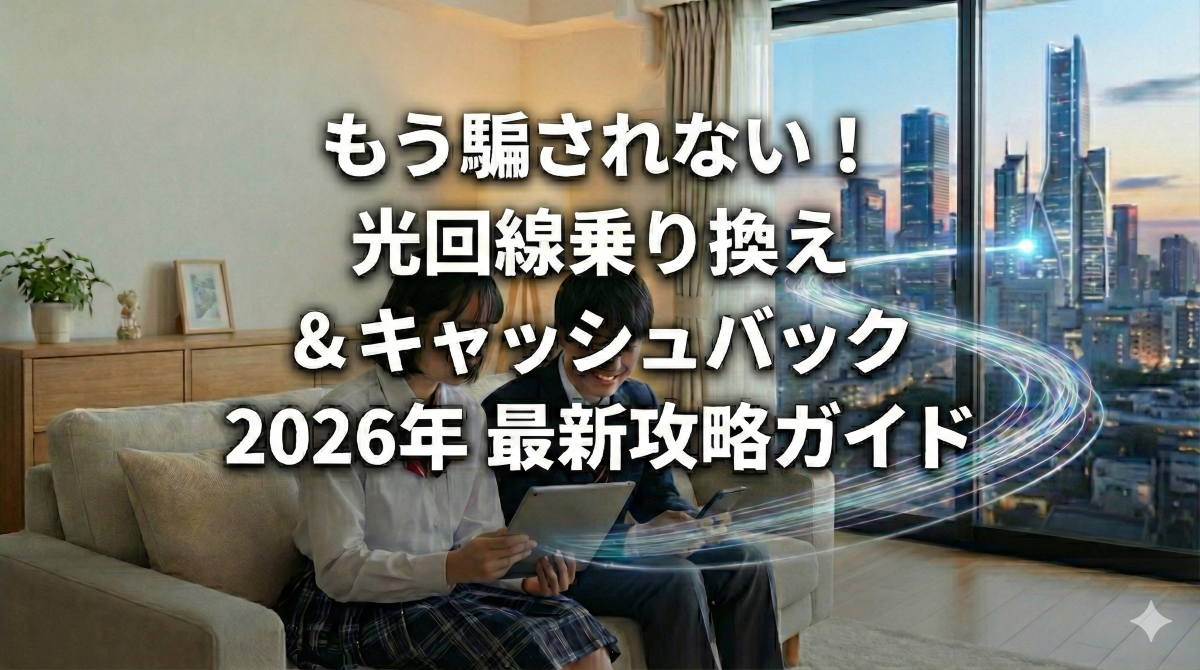 光回線の乗り換えとキャッシュバックに関する2026年最新攻略ガイドのアイキャッチ画像。リビングでデバイスを操作する中学生と、窓の外の都市に流れる高速通信の光のイメージ。中央に『もう騙されない！光回線 乗り換え＆キャッシュバック 2026年 最新攻略ガイド』というタイトル文字。