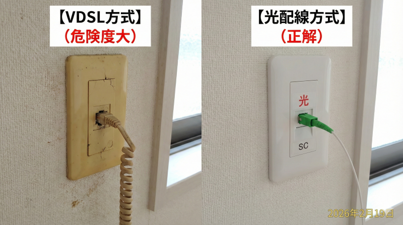 マンションの壁にあるインターネット接続口の比較写真。左側はVDSL方式の古い電話線ジャック、右側は光配線方式の新しい光コンセント（SCコネクタ）が写っている。