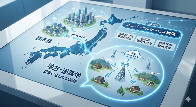 2026年版ユニバーサルサービス制度の仕組みを示す図解。日本の地図で都市部と地方・過疎地を分け、モバイル網を活用してサービスを提供する仕組みが示されている。青い枠の吹き出しには制度の恩恵「全国どこでも低廉な料金」「契約の透明性向上」「最終保障提供責務」が記述されている。