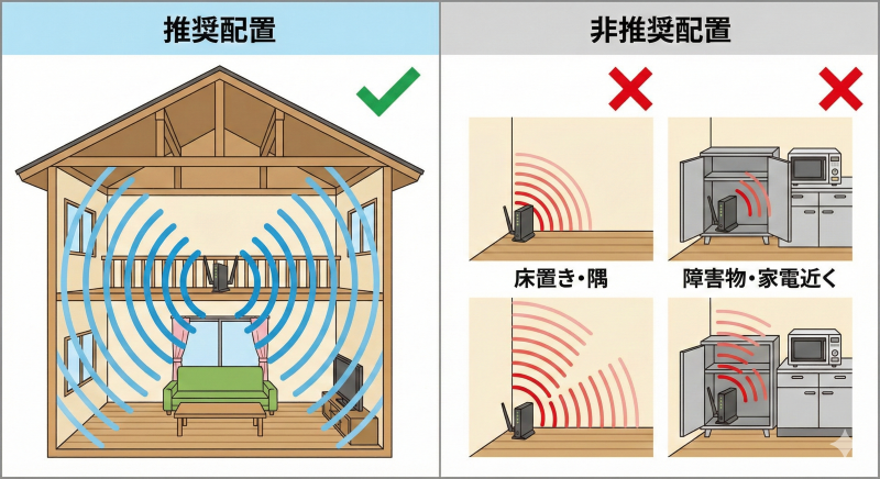 埼玉県の一般的な2階建て戸建て住宅における、Wi-Fiルーターの理想的な配置場所（家の中心、棚の上）と、電波が家中に広がる様子を示した断面図。