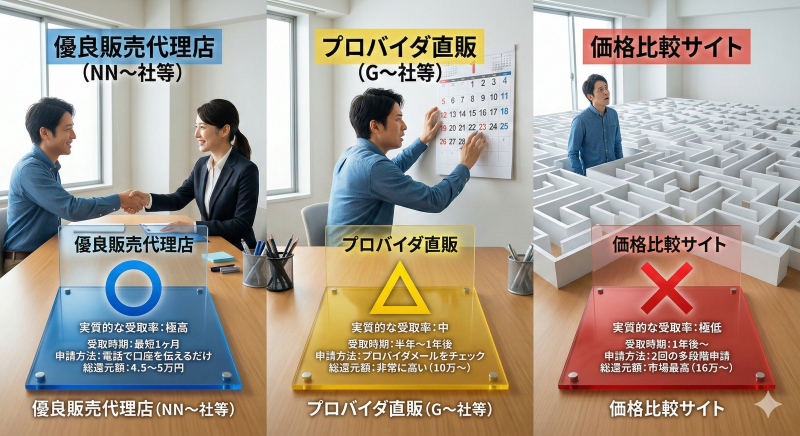 3つの異なる契約窓口(優良販売代理店、プロバイダ直販、価格比較サイト)を比較した画像。それぞれの窓口での人物の行動、受取時期、申請方法、総還元額、そして実質的な受取率(青い◯、黄色い△、赤い×)がインフォグラフィックで示されている。