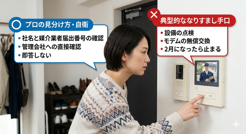 ドアホン越しに対応する人物と、その画面に映る怪しい業者を捉えた画像。業者の制服にはNTT東西や管理会社のロゴがぼかされている。赤い×印で示された「典型的ななりすまし手口」と、青い◯印で示された「プロの見分け方・自衛手段」がインフォグラフィックで配置されている。