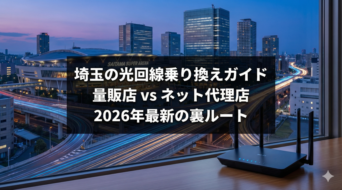 2026年の埼玉県における光回線選びの解説記事のアイキャッチ画像。大宮やさいたま新都心の夕暮れの街並みを背景に、光ファイバーをイメージした光の筋と最新ルーターが描かれている。中央の黒い半透明背景の上には、大きく太い白文字で「埼玉の光回線乗り換えガイド」「量販店 vs ネット代理店」「2026年最新の裏ルート」と記載されている。
