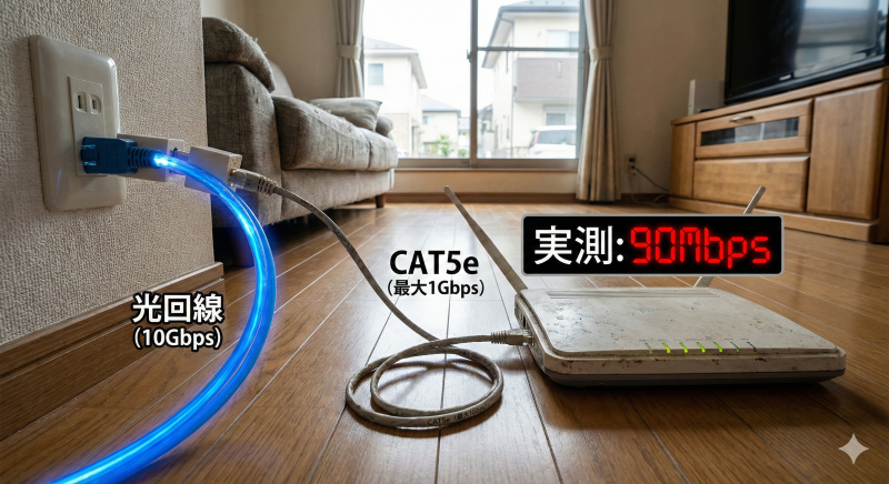 家庭内のLANケーブルがボトルネックとなり、10ギガ回線の速度が古いCAT5eケーブルによって1ギガ以下に制限されている様子を示す写真。