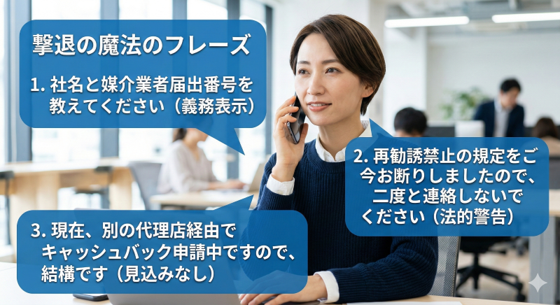スマートフォンで落ち着いて話す人物と、その周りに「撃退の魔法のフレーズ」が青い吹き出しで配置された画像。「社名と媒介業者届出番号の確認(義務表示)」、「再勧誘禁止の規定(法的警告)」、「他社でキャッシュバック申請中(見込みなし)」の3つのフレーズが示されている。