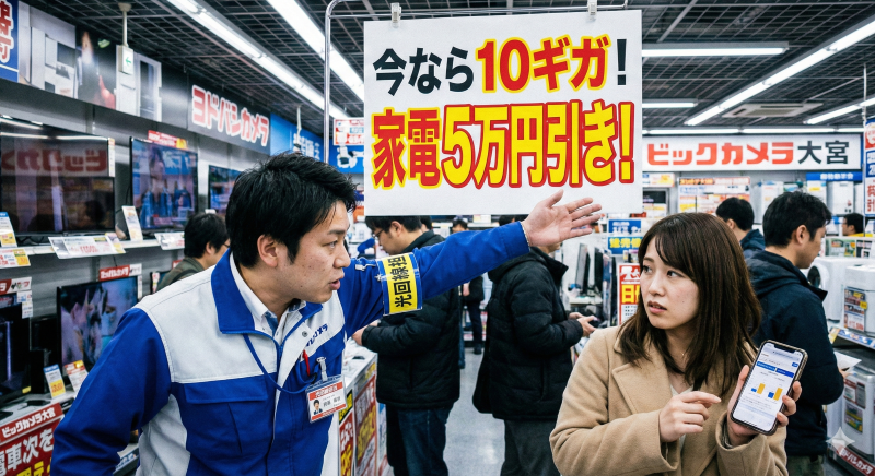 大宮周辺の家電量販店で、店員が10ギガ回線のキャンペーンを顧客に強く勧誘している様子。顧客はスマホで情報を確認しながら迷っている。
