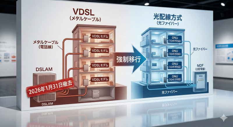 VDSL方式(電話線)と光配線方式(光ファイバー)の切り替え構造を示す図解。左のVDSLには共有部設備の撤去期限(2026年1月31日)が赤いラベルで示され、右の光配線にはONUと10ギガ対応の青いラベルがある。中央の大きな矢印が、VDSLから光配線への「強制移行」を示している。