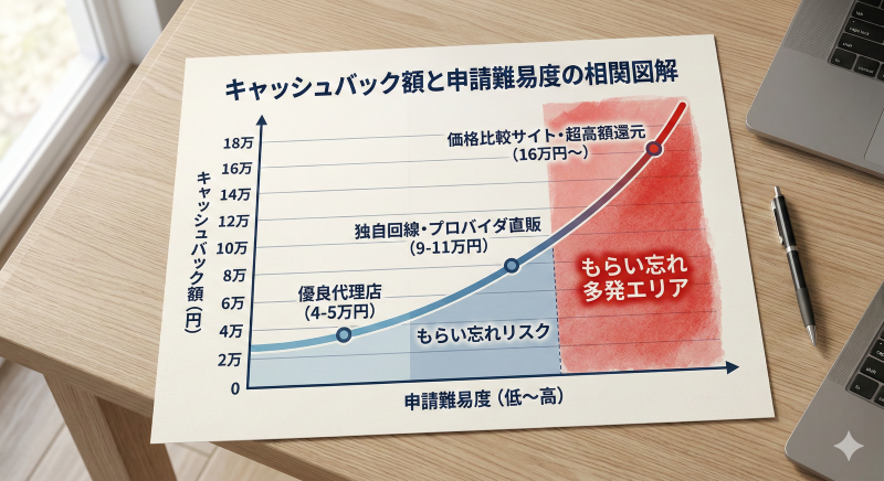 キャッシュバック額と申請難易度の相関を示す図解グラフ。縦軸がキャッシュバック額、横軸が難易度。右肩上がりのカーブ(もらい忘れリスク)があり、超高額還元エリアが「もらい忘れ多発エリア」として赤く強調されている。
