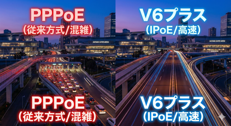 埼玉県のネット回線におけるPPPoE方式の混雑と、V6プラス方式による高速バイパスを比較した概念図。左は渋滞、右はスムーズな流れ。
