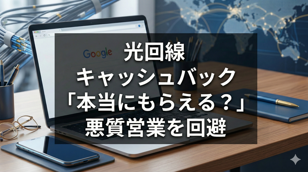 デジタルデバイスと眼鏡が置かれた清潔感のあるデスクを背景に、誠実さと専門性を感じさせるデザイン。中央には「光回線キャンペーン 『本当にもらえる?』を解消 悪質営業を回避して最高額を手にする全知識」という力強く視認性の高い文字が配置されている。
