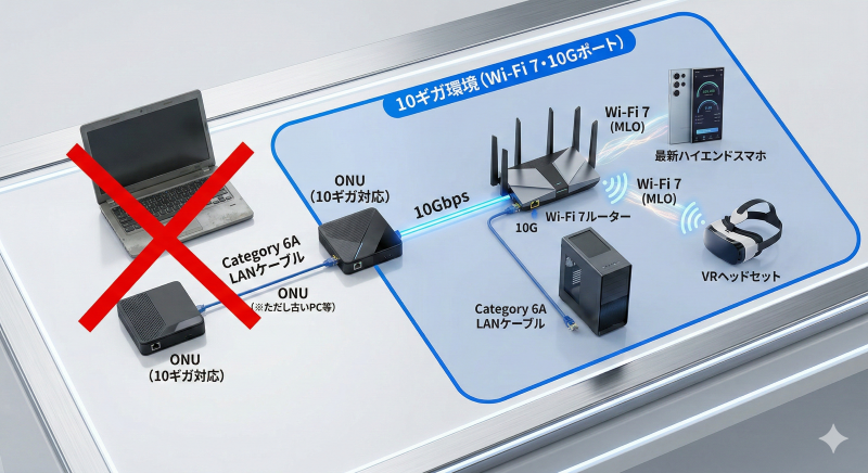 10ギガ回線の恩恵を受けるための環境とデバイスの構成を示す図解。中央の「ONU(10ギガ対応)」から伸びる「10Gbps」のファイバーが、大きな青い枠の「10ギガ環境」エリアへ入り、Wi-Fi 7ルーター、Cat 6Aケーブル、最新スマホやPCを繋いでいる。一方、古いCat 5eケーブルや数年前のPCは、赤い×印でエリア外に示されている。
