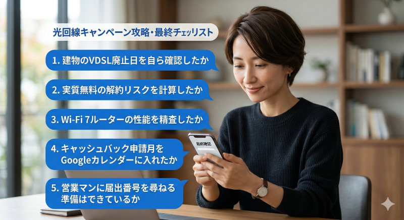 スマートフォンで自信を持って申し込みを進める人物と、その周りに「光回線キャンペーン攻略・最終チェックリスト」が青い吹き出しで配置された画像。「建物のVDSL廃止日を自ら確認したか」「実質無料の解約リスクを計算したか」「Wi-Fi 7ルーターの性能を精査したか」「キャッシュバック申請月をGoogleカレンダーに入れたか」「営業マンに届出番号を尋ねる準備はできているか」の5つの項目が示されている。
