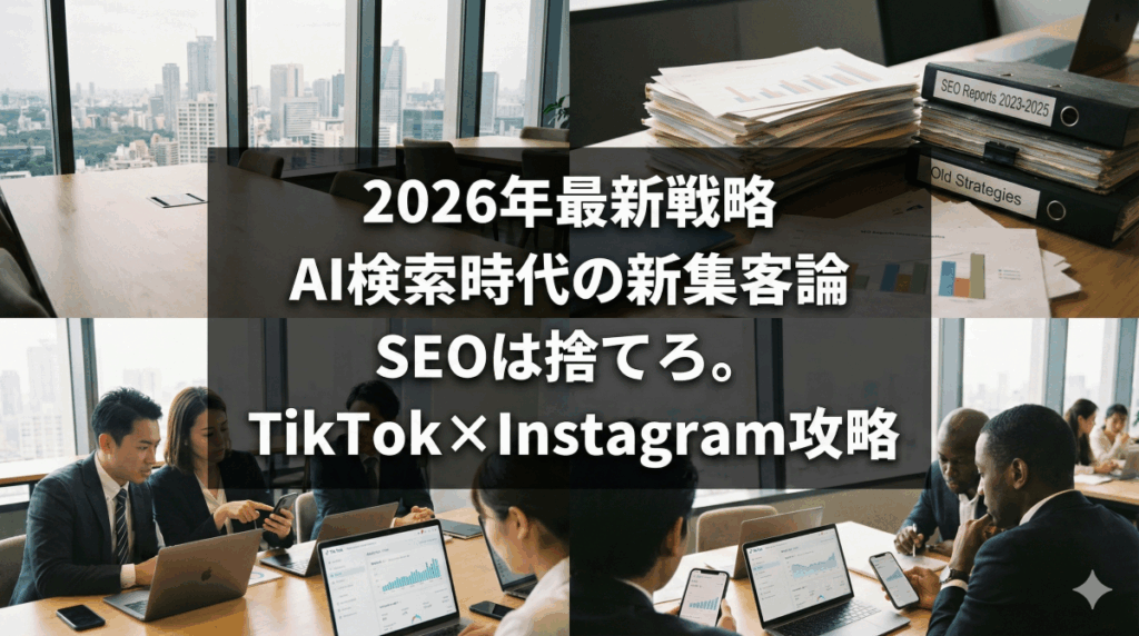 ALT: 2026年のコワーキングスペースで、スマートフォン上のTikTokとInstagramの分析画面を真剣に見つめるビジネスパーソンたちのリアルな写真。中央の暗い半透明背景の上に「2026年最新戦略 AI検索時代の新集客論 SEOは捨てろ。 TikTok×Instagram攻略」という白い太文字が4行で配置されている。