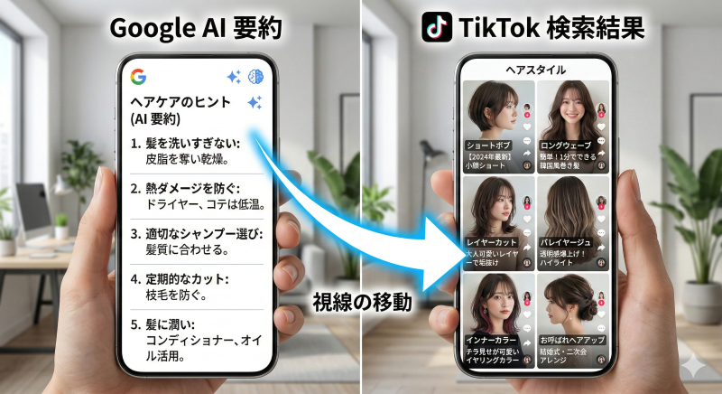 2026年の美容室検索における、テキストベースのGoogle AI Overviewと視覚的なTikTok検索結果の比較イメージ。