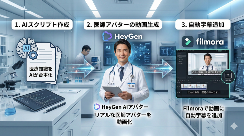 AIを活用した医療動画制作の3ステップフロー。台本作成からAIアバター生成、自動編集までの効率的なワークフロー図。