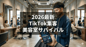 2026年最新の美容室TikTok集客戦略を解説するアイキャッチ画像。洗練された近未来的なサロンでスマホを手に取るスタイリストの背景と、中央に「2026最新 TikTok集客 美容室サバイバル」と大きく太字で書かれた視認性の高いテキストレイアウト。