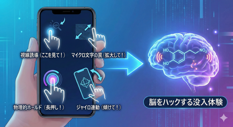 ユーザーの「身体アクション」を誘発する4つの仕掛け（視線誘導、マイクロ文字、長押し、傾け）と、それが脳のドーパミンを放出し「没入体験」を生み出す仕組みを解説した図。