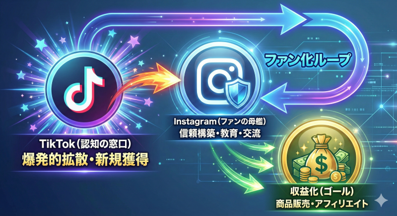 TikTokを認知の入り口とし、Instagramを信頼構築の母艦として連携させる「オムニチャネル戦略」のフローチャート図。TikTokで新規獲得し、インスタでファン化、最終的に収益化へ繋げる黄金ルートを視覚化。