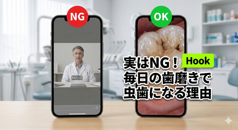 TikTok医療動画の冒頭2秒の比較。左側は「こんにちは」から始まる離脱しやすいNG例、右側は強いテロップと視覚的衝撃で指を止めるOK例。