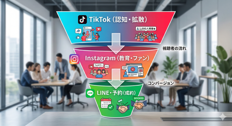 TikTokでの認知、Instagramでの教育、公式LINEや予約システムでの成約というSNS連携集客ファネルの図解。