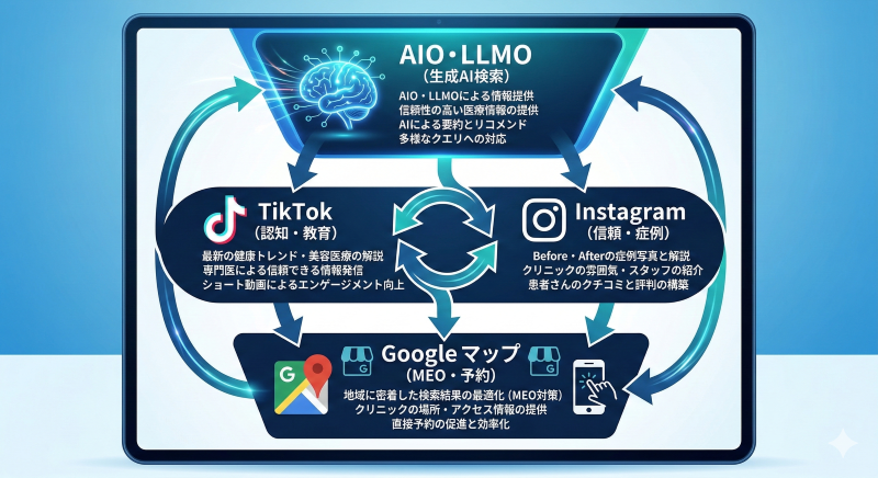 2026年の医療機関向け集客ファネル。AI検索（AIO）の推薦（LLMO）を起点に、TikTokでの認知、Instagramでの信頼醸成、Googleマップ（MEO）での来院予約へと繋がる三位一体の循環図。