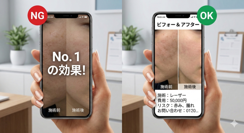 医療広告ガイドラインにおける症例写真の正しい掲載方法。費用、リスク、治療内容、問い合わせ先の4項目が明記された限定解除の具体例。