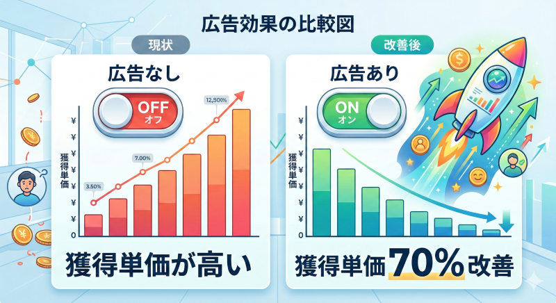 TikTok広告管理画面での検索トグルのON/OFF切り替えと、ONにすることによる顧客獲得単価(CPA)劇的改善のイメージ図。