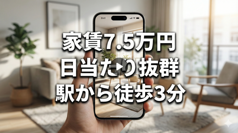 スマホ画面で再生される、テロップ付きの不動産内見（ルームツアー）動画のイメージ。視聴者が部屋の魅力を直感的に理解できる様子。