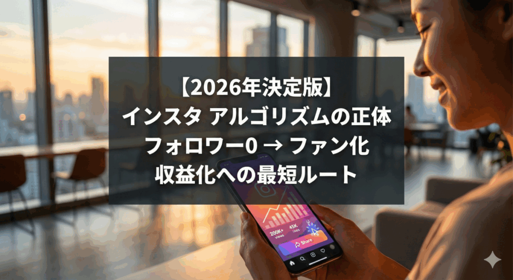 夕暮れのスタイリッシュなオフィスで、Instagramリールの再生数とシェア数が急上昇しているスマホを持つ手。画像中央には半透明の黒い背景に白抜き文字で「2026年決定版 インスタ アルゴリズムの正体 フォロワー0 → ファン化 収益化への最短ルート」と大きく表示されているアイキャッチ画像。