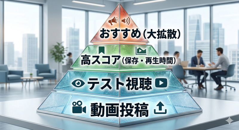 TikTokにおける動画投稿から、テスト視聴、エンゲージメント評価を経て大規模に拡散されるまでのステップ図。