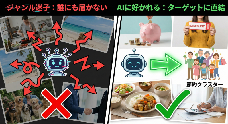 AIがアカウントのジャンルをどのように認識するかを比較した図。左側はバラバラな投稿でAIが混乱し誰にも届かない「ジャンル迷子」の状態、右側は統一された投稿でAIがターゲットを特定し拡散される「AIに好かれる」状態を示している。