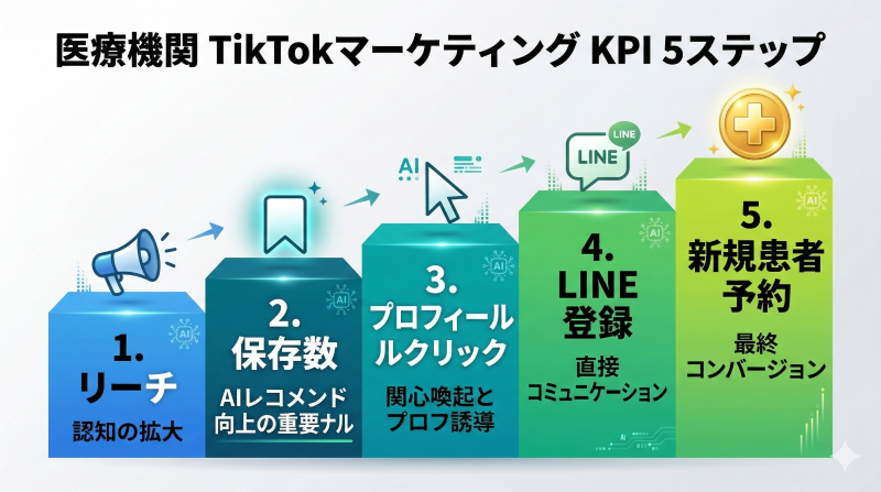 医療TikTok集客の重要KPIを左から右へ示す水平ステップ図。視聴数（Reach）、保存数（Saves）、プロフィール遷移、LINE登録、来院予約の5段階。CPA 5,000円以下を達成するための導線設計を可視化した横長インフォグラフィック。