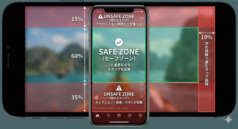 Instagramリール編集時のセーフゾーン（文字やスタンプが隠れない安全な範囲）を示したスマートフォン画面のガイドライン図解。画面中央の緑色領域（60%）が安全な「SAFE ZONE」、上部（15%）・下部（35%）・右端（10%）の赤色領域がボタンやテキストと重なる「UNSAFE ZONE（隠れるエリア）」であることを、パーセンテージと警告アイコン付きで視覚的に解説している。