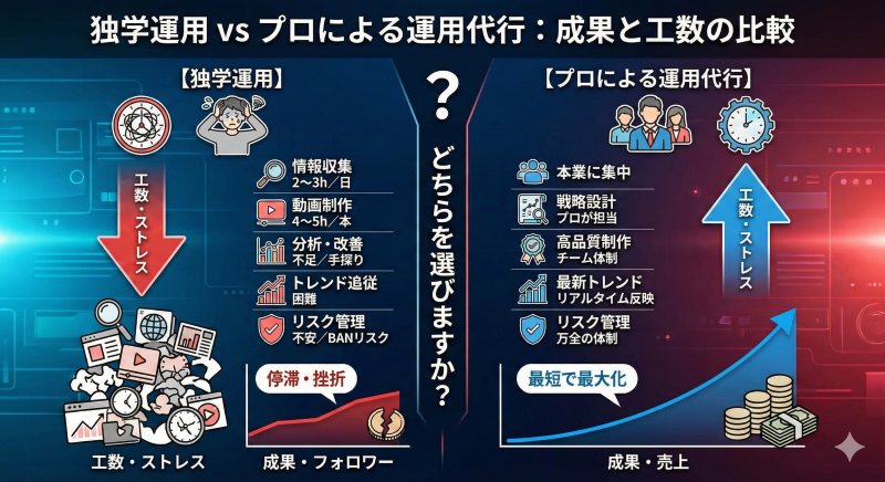 「独学運用」と「プロによる運用代行」の成果と工数を比較した図解。左側の独学運用は、多大な工数とストレス（情報収集や動画制作で毎日数時間）がかかり、リスク管理も不安で成果が停滞・挫折しやすい様子を示す。右側のプロによる運用代行は、工数とストレスが大幅に削減され（本業に集中可能）、戦略設計や高品質制作により成果と売上が最短で最大化される様子を示す。中央には「どちらを選びますか？」という問いかけがある。