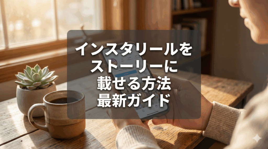 「インスタのリール動画をストーリーに載せる方法」という大きく太い日本語の文字が中央に垂直に配置された、高品質でフォトリアルなアイキャッチ画像。文字の視認性を確保するため、背景画像の上に半透明の黒いオーバーレイが敷かれており、サムネイルとして正方形に切り抜かれても文字が切れない構成。