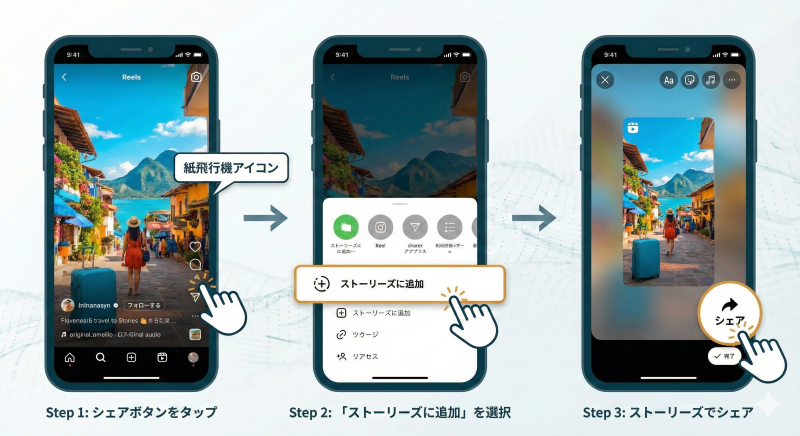 Instagramのリール動画をストーリーズにシェアする手順を3ステップで解説したスマホ画面のイラスト。Step 1ではリール再生画面の「紙飛行機アイコン」をタップ、Step 2では表示されたメニューから「ストーリーズに追加」を選択、Step 3ではストーリーズ編集画面で右下の「シェア」ボタンをタップして完了する流れを、指のアイコンと矢印で視覚的に示している。