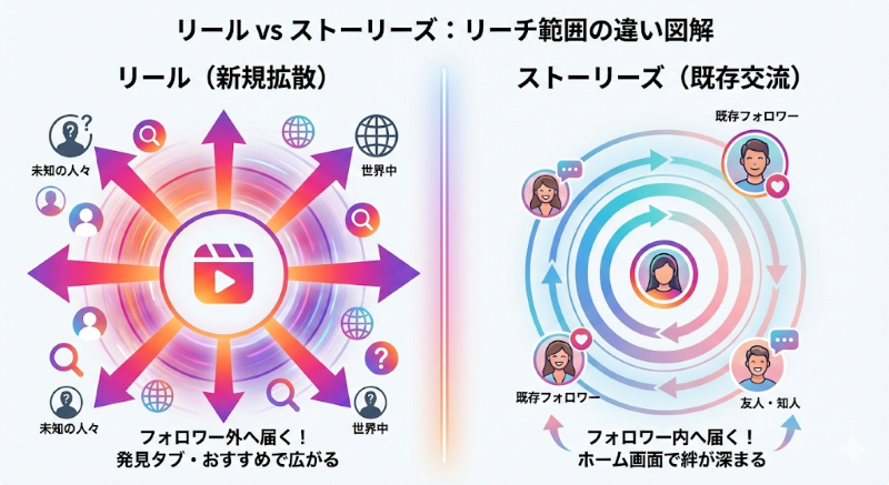 Instagramのリールとストーリーズの機能的な違いを比較した図解。左側の「リール（新規拡散）」は、動画アイコンから外側へ向かって大きな矢印が広がり、フォロワー外の「未知の人々」や「世界中」に拡散される様子を示している。右側の「ストーリーズ（既存交流）」は、プロフィールアイコンを中心に内側で円を描く矢印があり、「既存フォロワー」や「友人・知人」との間で絆を深める様子を示している。
