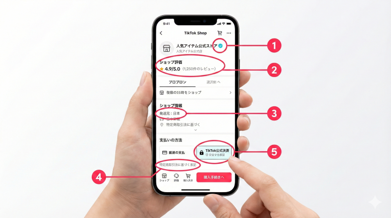 2026年最新のTikTokショップ安全確認ガイド。スマホ画面上の認証バッジ、ショップ評価、発送元、特定商取引法リンク、公式決済マークの5箇所を赤丸と数字で示した解説画像。