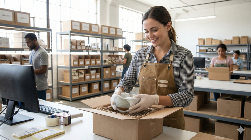 TikTokショップの信頼される運営事例。清潔な作業場でスタッフが商品を一つずつ丁寧に検品し、梱包している様子。透明性の高いECサイト運営と顧客満足度向上をイメージした実写写真。