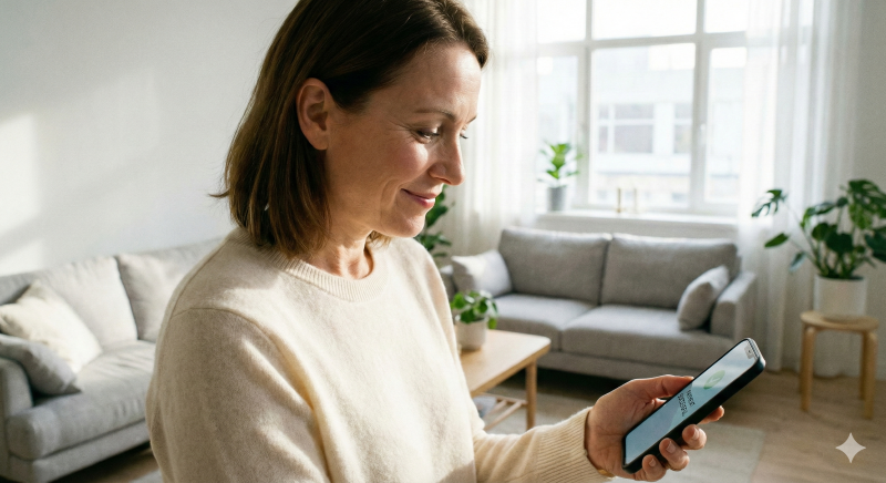 明るいリビングでスマートフォンを操作しTikTokの履歴を整理して安心するユーザー｜プライバシー管理のイメージ
