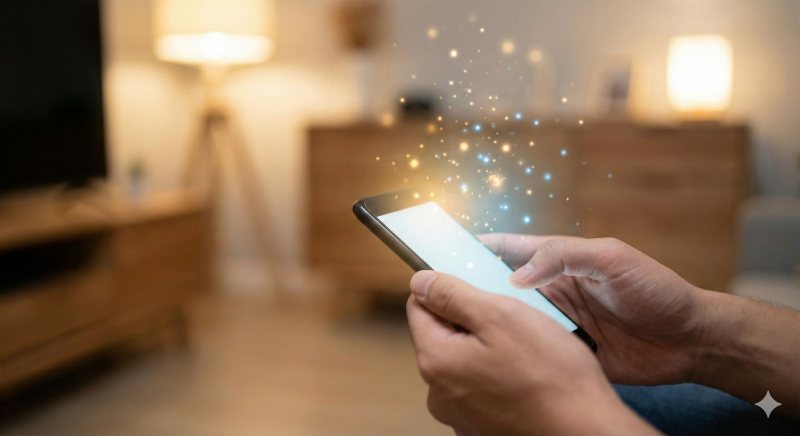 スマートフォンの画面から光が溢れTikTokのAIがユーザーの好みを学習している抽象的なイメージ